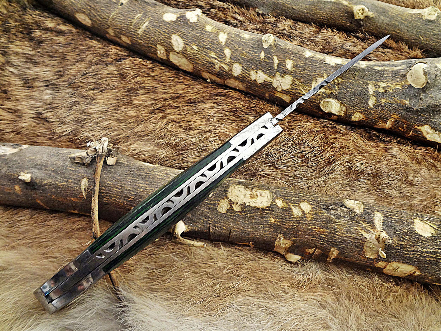 8" long Damascus steel Folding Knife, 2 Tone Green wood with Steel bolster scale, custom made 3.5" Hand Forged blade cow leather sheath