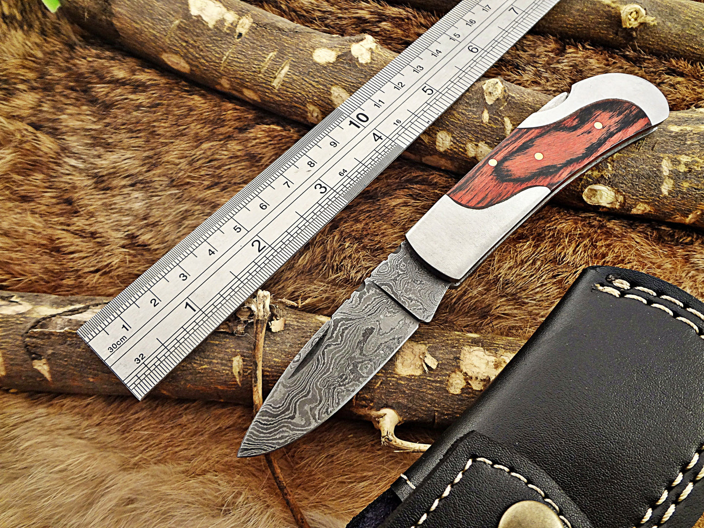 6.5 " Damascus steel Folding pocket Knife, 4 scales options, cow leather sheath included