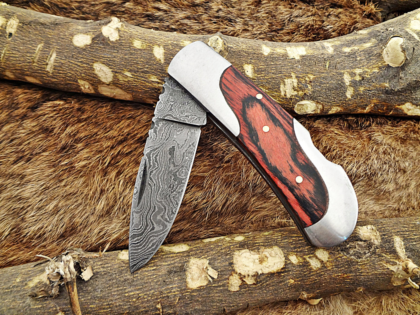 6.5 " Damascus steel Folding pocket Knife, 4 scales options, cow leather sheath included