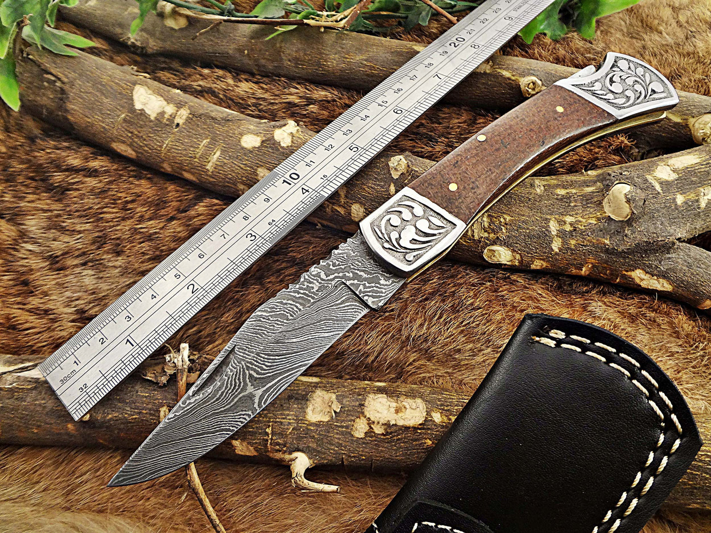 Damascus steel 9" long Folding Knife, Micarta wood Scale with Engraved steel bolster, custom made 4" Hand Forged blade cow leather sheath