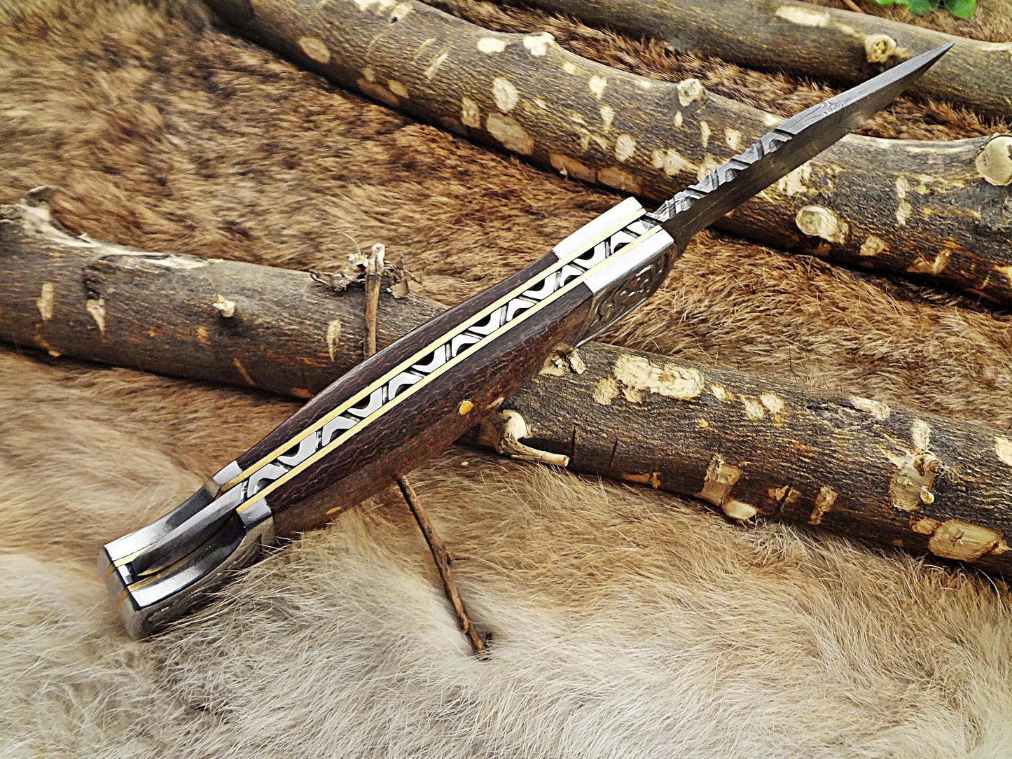 Damascus steel 9" long Folding Knife, Micarta wood Scale with Engraved steel bolster, custom made 4" Hand Forged blade cow leather sheath