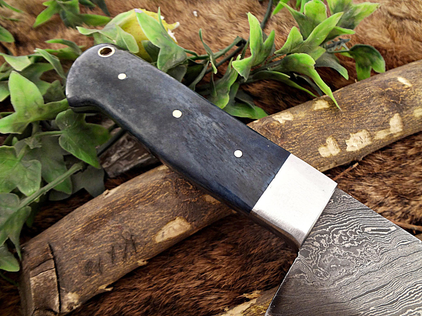 Damascus Steel kitchen Knife 14 Inches full tang 9" long Hand Forged blade, Blue Colored camel bone and brass bolster scale