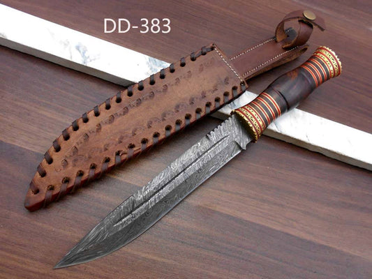 13" hand forged Damascus Hunting Knife, 7" blade, exotic Rose wood scale crafted with engraved brass work and fiber spacing, Leather sheath