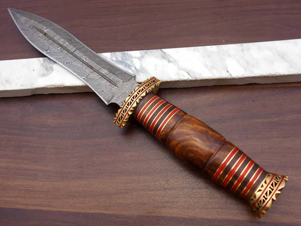 13" Long Damascus Dagger hand forged Knife 7" dual cutting edge exotic Rose wood scale crafted with engraved brass & fiber spacing, sheath