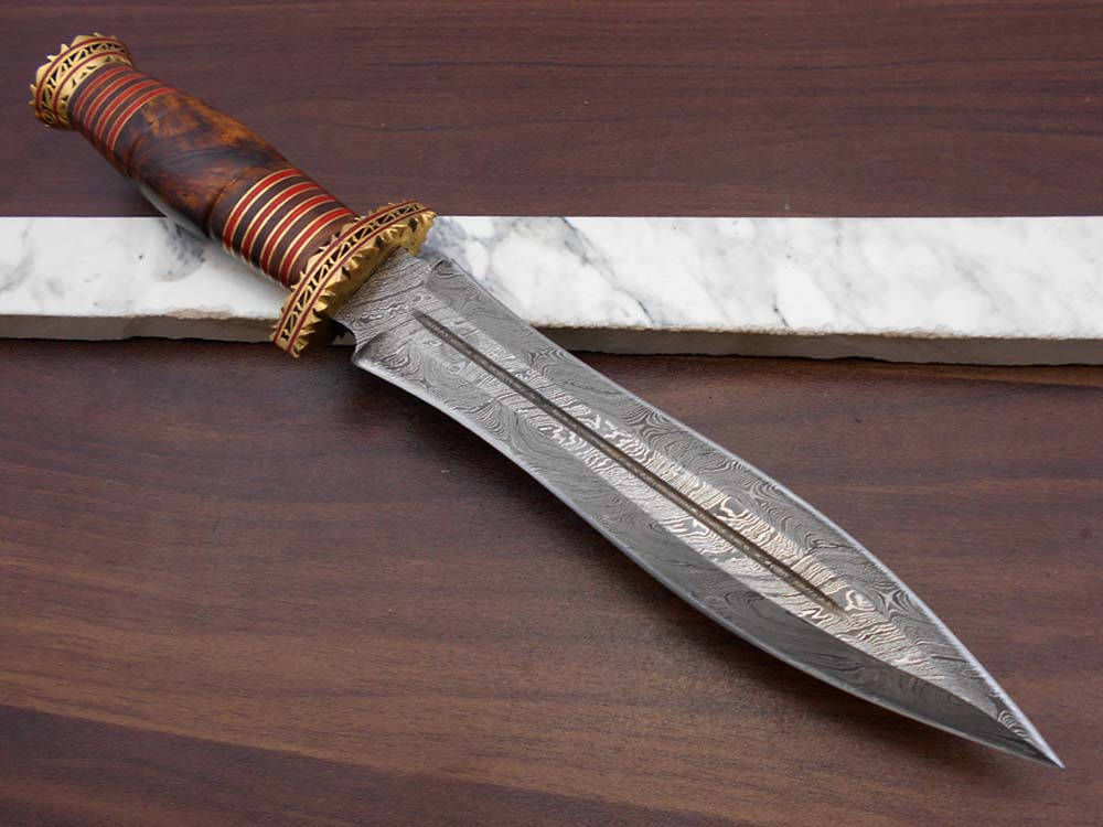 13" Long Damascus Dagger hand forged Knife 7" dual cutting edge exotic Rose wood scale crafted with engraved brass & fiber spacing, sheath