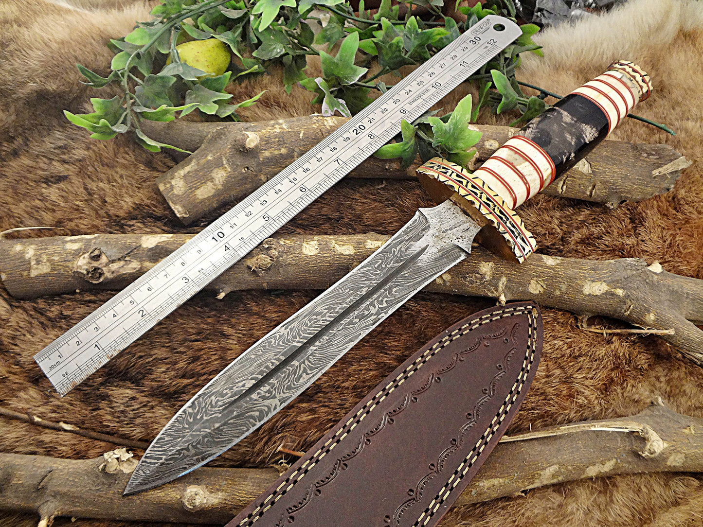 14.5" Long Damascus steel Dagger knife hand forged 8" dual edge,exotic scale crafted with engraved brass finger guard camel bone, Sheath