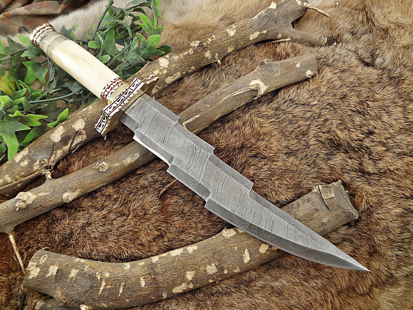 14.5" long custom made Hand Forged Damascus Steel zig zag blade Knife With 9" blade, camel bone with engraved brass scale Leather sheath