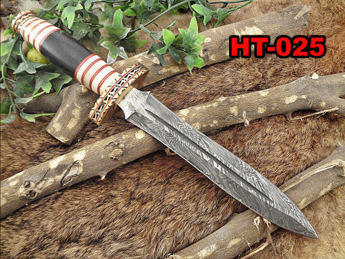 14.5" Long Damascus steel Dagger knife hand forged 8" dual edge,exotic scale crafted with engraved brass finger guard camel bone, Sheath