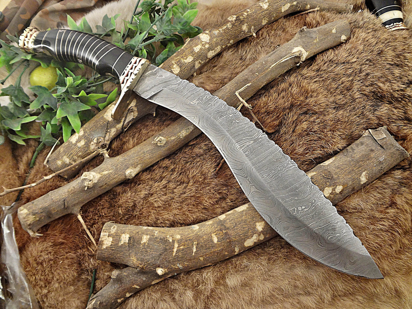 Damascus Steel Kukri Knife 15 Inches custom made Hand Forged With 10" long blade, Bull horn with engraved brass scale, Cow Leather Sheath