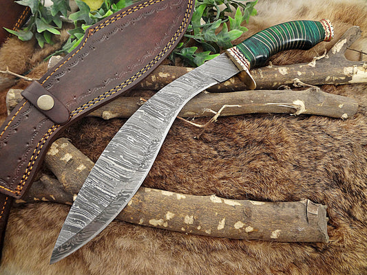 Damascus Steel Kukri Knife 15 Inches custom made Hand Forged With 10" long blade, Green wood with engraved brass scale, Cow Leather Sheath