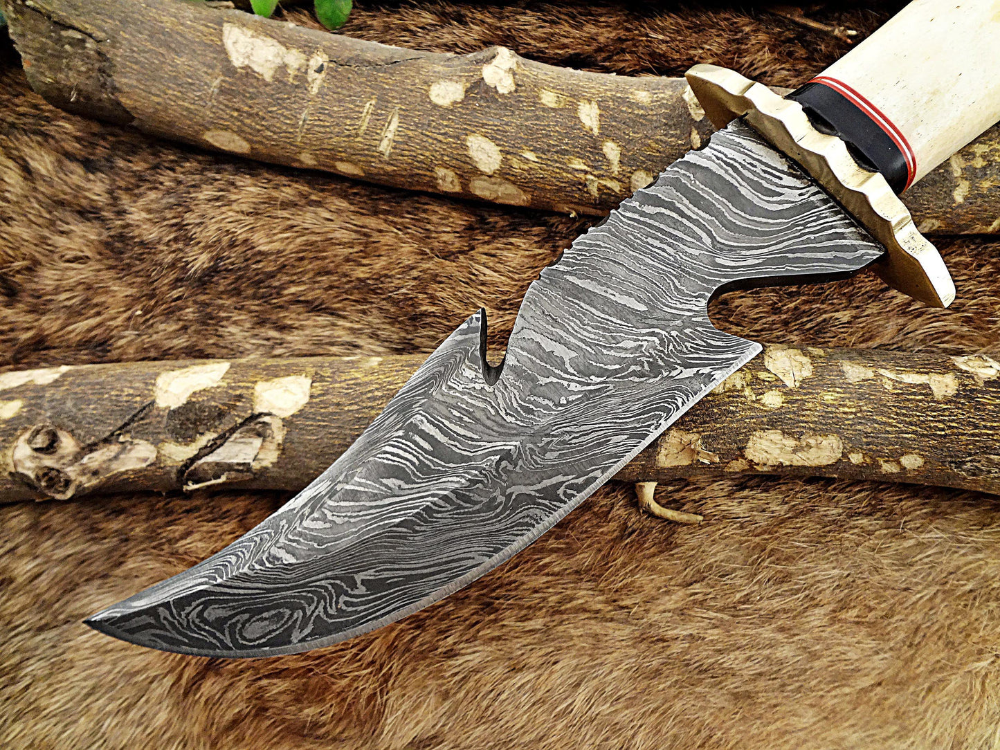 Damascus steel 11.5" Long hunting Knife hand forged fire pattern, Colored camel bone with engraved brass scale, Cow hide leather sheath