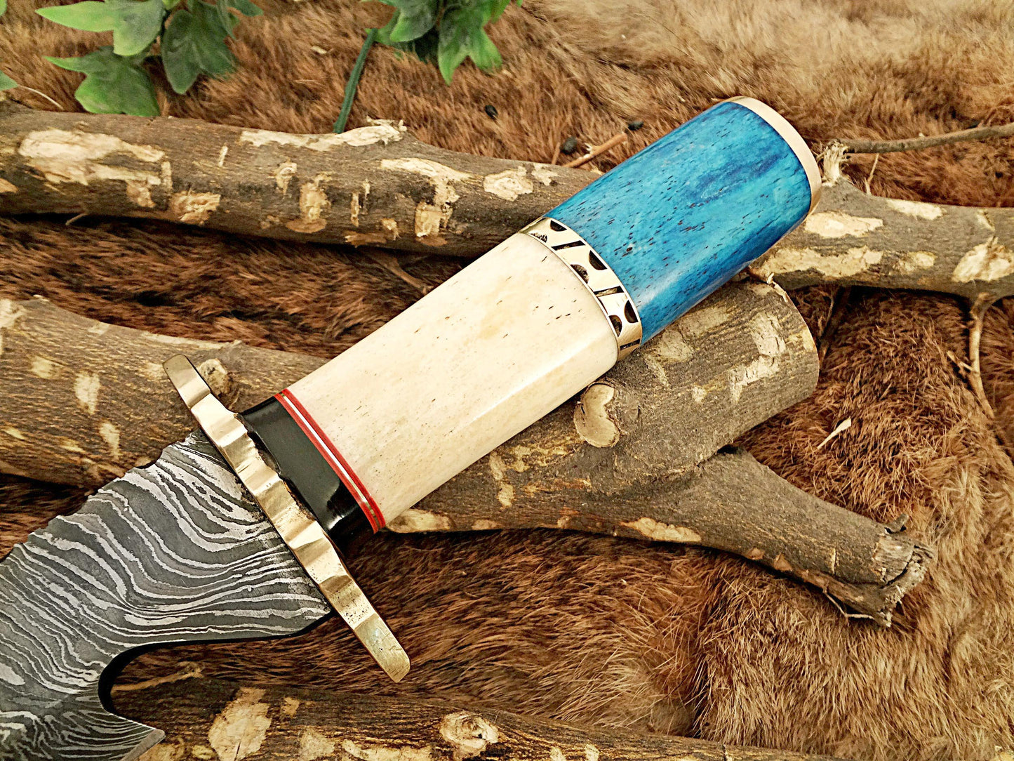 Damascus steel 11.5" Long hunting Knife hand forged fire pattern, Colored camel bone with engraved brass scale, Cow hide leather sheath