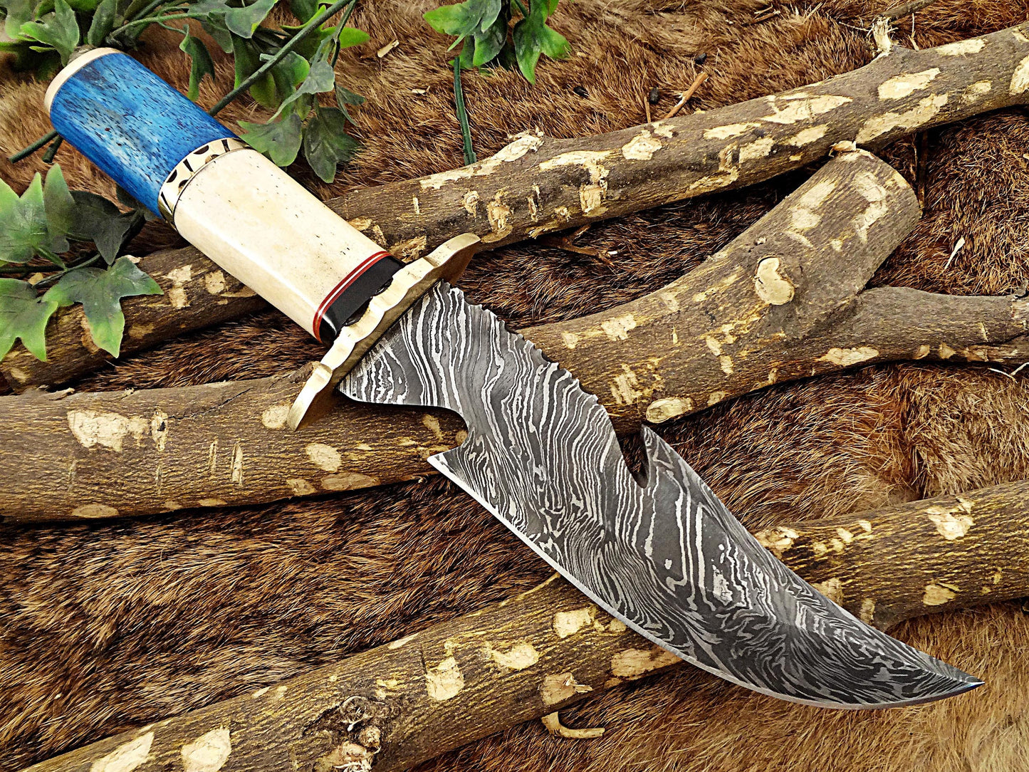 Damascus steel 11.5" Long hunting Knife hand forged fire pattern, Colored camel bone with engraved brass scale, Cow hide leather sheath