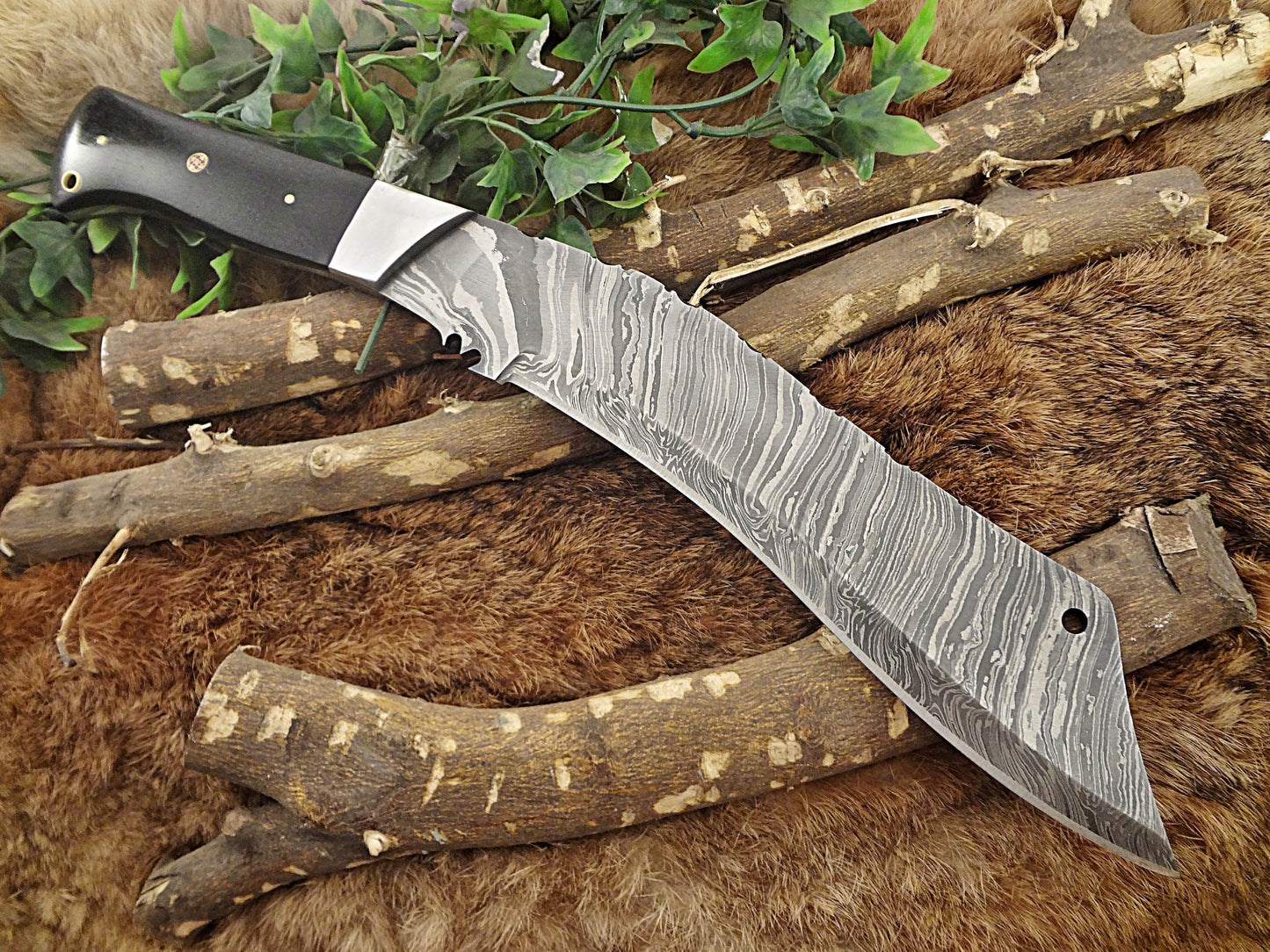 15" Long hand forged Damascus steel Eagle Kukri Knife, 10" full tang blade, Micarta wood scale with steel bolster, Cow hide Leather sheath