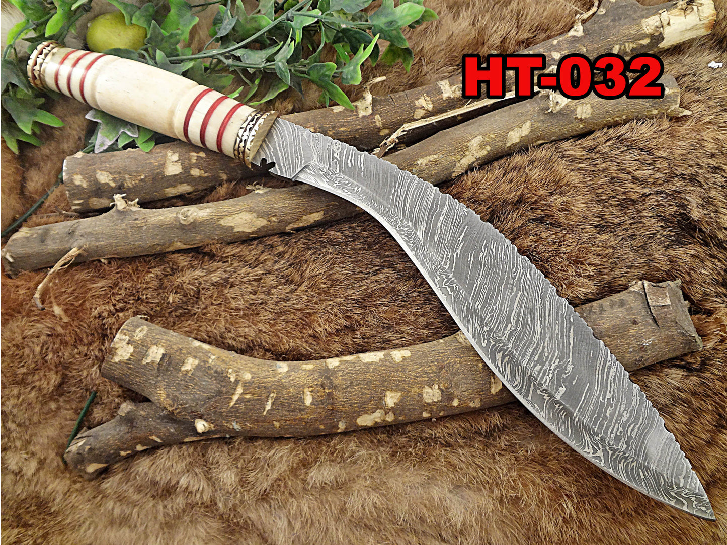 15" custom made Hand Forged Damascus Steel Kukri Knife With 10" blade, camel bone with engraved brass finger guard scale, Leather Sheath