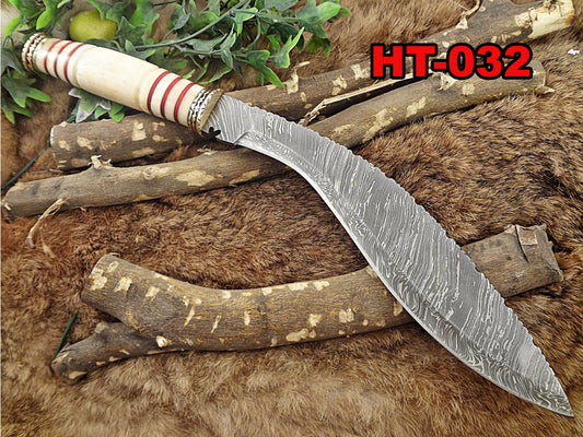 15" custom made Hand Forged Damascus Steel Kukri Knife With 10" blade, camel bone with engraved brass finger guard scale, Leather Sheath