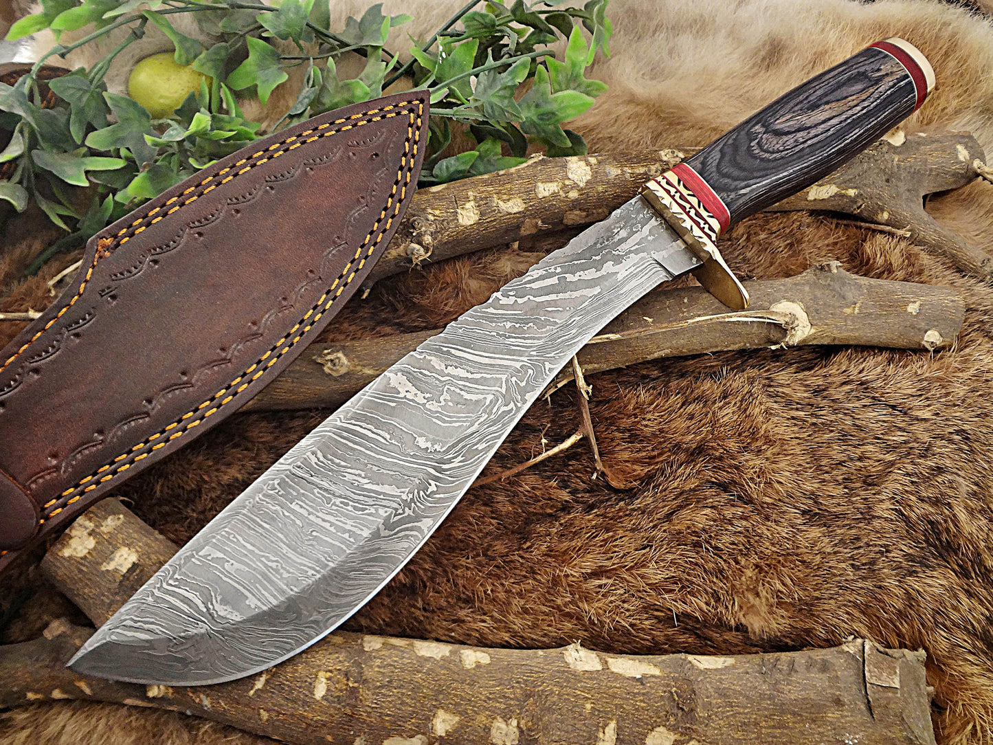 Damascus Steel Kukri Knife 15 Inches custom made Hand Forged With 10" long blade, Bull horn with engraved brass scale, Cow Leather Sheath