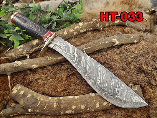 Damascus Steel Kukri Knife 15 Inches custom made Hand Forged With 10" long blade, Bull horn with engraved brass scale, Cow Leather Sheath