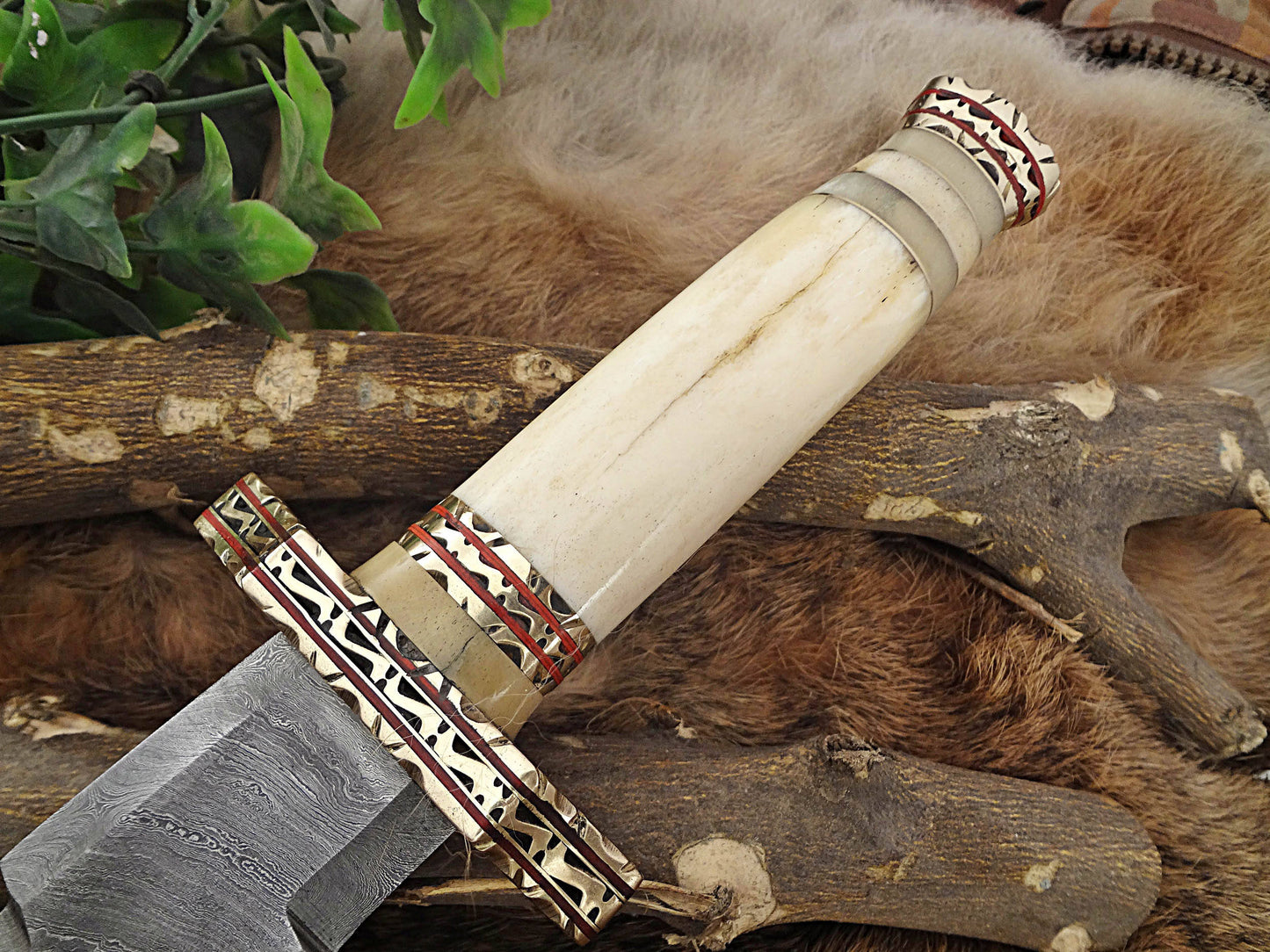 14.5" long custom made Hand Forged Damascus Steel zig zag blade Knife With 9" blade, camel bone with engraved brass scale Leather sheath