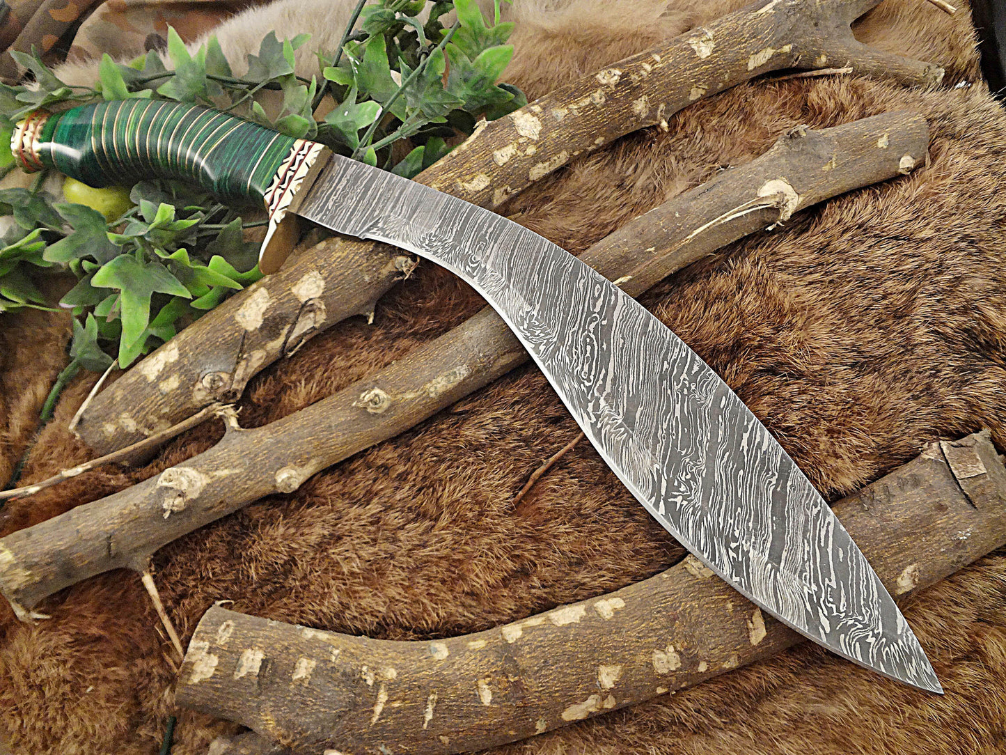 Damascus Steel Kukri Knife 15 Inches custom made Hand Forged With 10" long blade, Green wood with engraved brass scale, Cow Leather Sheath