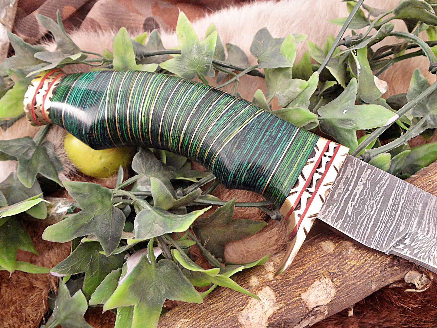 Damascus Steel Kukri Knife 15 Inches custom made Hand Forged With 10" long blade, Green wood with engraved brass scale, Cow Leather Sheath