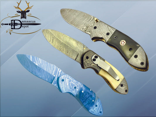 Damascus steel 7" folding knife, liner lock, thumb knob, Cow sheath, 4 Colors
