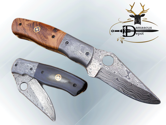 7.5" flat scale folding knife, Damascus steel blade with finger hole, Equipped with liner lock, Available in Wood & Horn scales, Leather sheath included