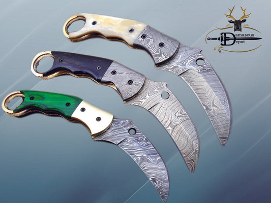 7.5" Damascus steel Karambit folding knife, Black, white and green colors scales with finger hole, Cow Leather sheath included