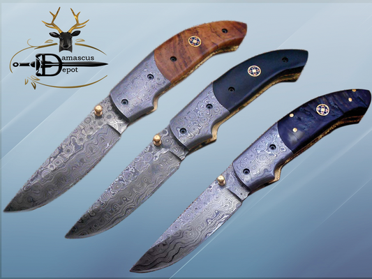 7.5" Folding Knife, 3.5" Hand Forged Twist Pattern Damascus Steel Blade Pocket Knife, 4" scale available in 3 Colors, Liner Lock & Thumb knob Equipped, Cow Hide Leather Sheath