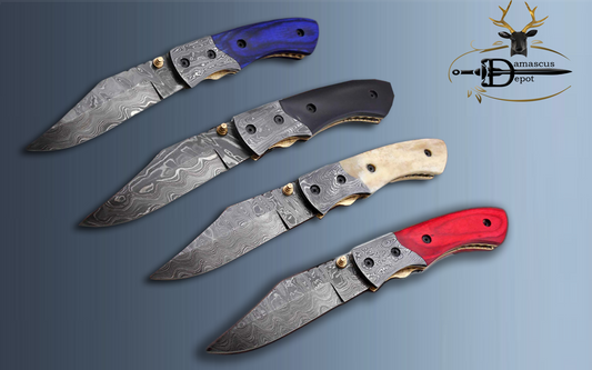 8.5" long hand forged custom made Damascus steel pocket clip folding knife, available in 4 scales options with Damascus Bolster, Comes with Cow hide leather sheath