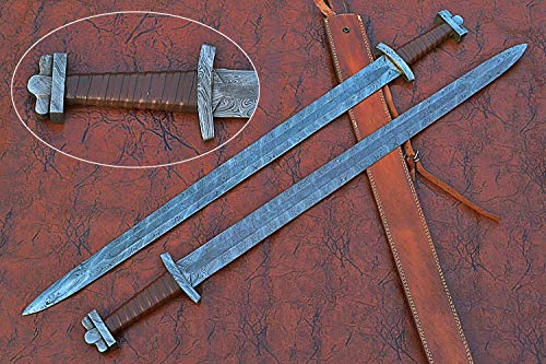 39 inches Long Green Destiny Sword, 31" Long Hand Forged Damascus Steel Double Edge Blade, Solid Damascus Steel Cross hilt Forward and Pommel, Leather Scabbard with Shoulder Stripe