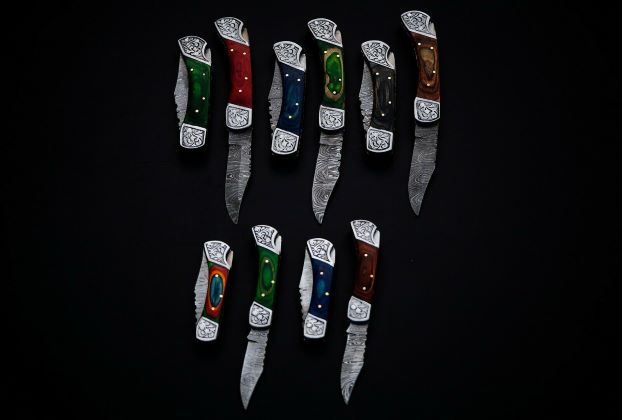 10 pieces 8.5 and 7.5" Damascus steel back lock folding knife set with Sheath