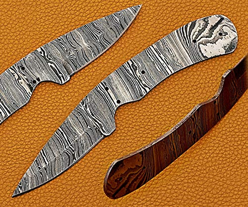 8 inches Long Hand Forged Ladder Damascus Steel Drop Point Blank Blade Skinning Knife, 4.5" Scale Space with 5 pin Hole. 3.25 inches Cutting Edge