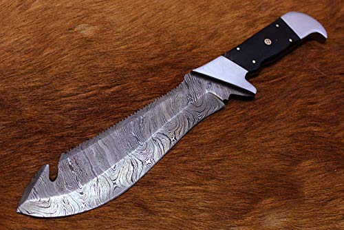 13.5" Long Hand Forged Damascus Steel Full Tang Blade BOLO Blade Hunting Knife with Gut Hook, Natural Bull Horn Scale with Steel Bolster & Pomel, Cow Hide Leather Sheath Included