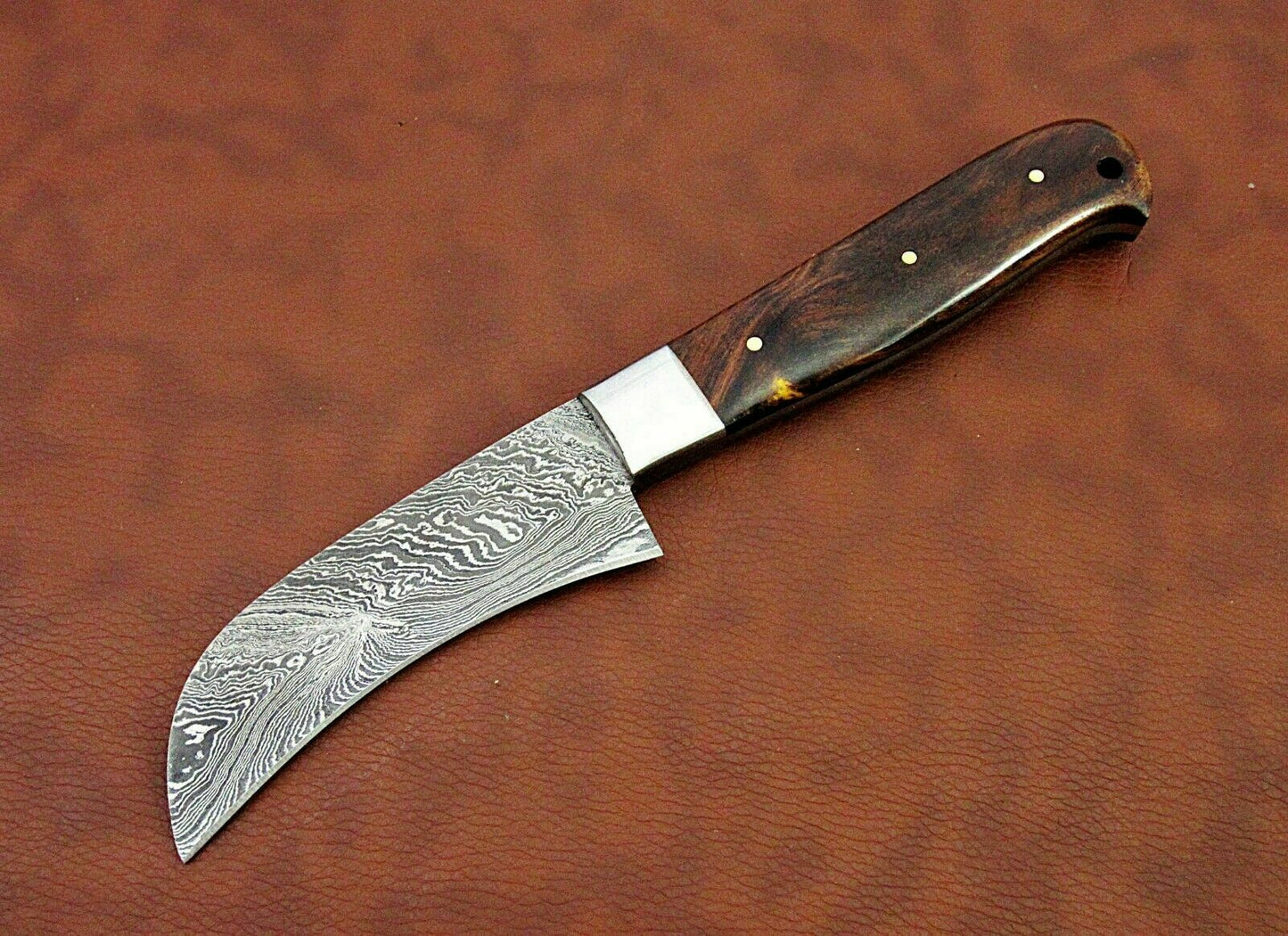 9.5" long Damascus steel blade peeler knife, Brown & Beige wood scale,