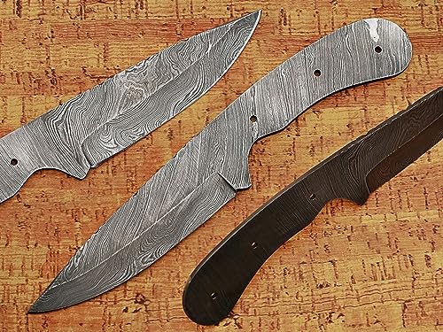 8.75 inches long drop point blank blade, hand forged twist pattern Damascus steel blank blade skinning knife with 3 Pin hole & finger groove, 4.5 inches cutting edge