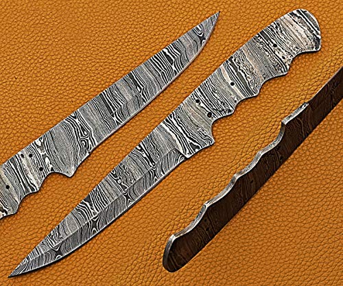 Damascus Steel Blank Blade 10.75 inches Long Hand Forged Straight Back Skinning Knife Blank Blade, Hunting Knife with 4 Pin Hole, 5.5 inches Cutting Edge, 4.5" Finger Serrated Scale Space