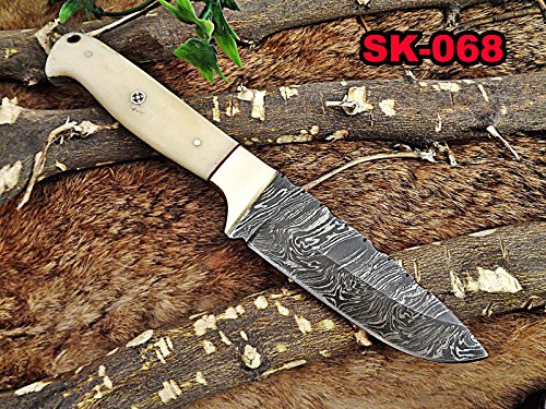 9" Long hand forged Damascus steel Hunting knife, 4.5" full tang blade, Camel bone scale with Brass bolster, Cow hide Leather sheath