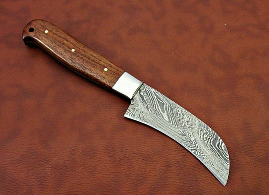 9.5" long Damascus steel blade peeler knife, Brown & Beige wood scale,