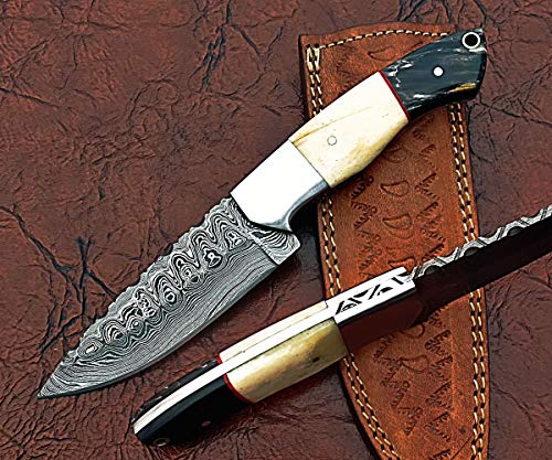 9" Long Drop Point Blade Skinning Knife, Hand Forged rain Drop Pattern Damascus Steel Full Tang Blade, Camel Bone and Bull Horn Scale with Steel Bolster, Cow Leather Sheath