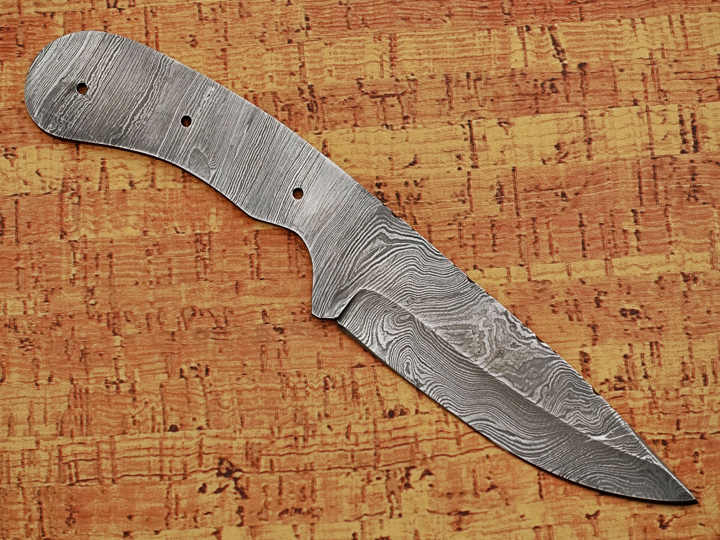 8.75 inches long drop point blank blade, hand forged twist pattern Damascus steel blank blade skinning knife with 3 Pin hole & finger groove, 4.5 inches cutting edge