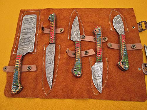 5 pieces Custom made hand forged Damascus steel blade kitchen knife set, Multi color jigged Razon scale, Overall 45 inches Length of Damascus sharp knives (10.6+9.6+9.0+8.0+7.6) Inches