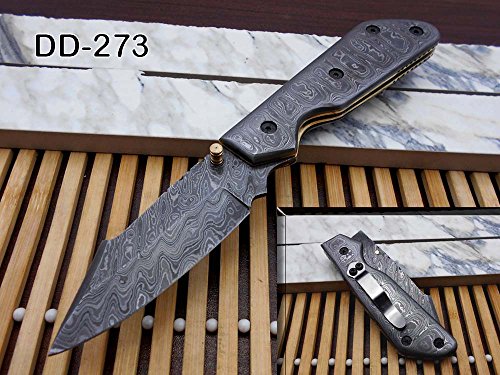 8" long Damascus steel custom made Folding Knife with pocket clip, Damascus steel scale 4" Hand Forged blade cow hide leather sheath