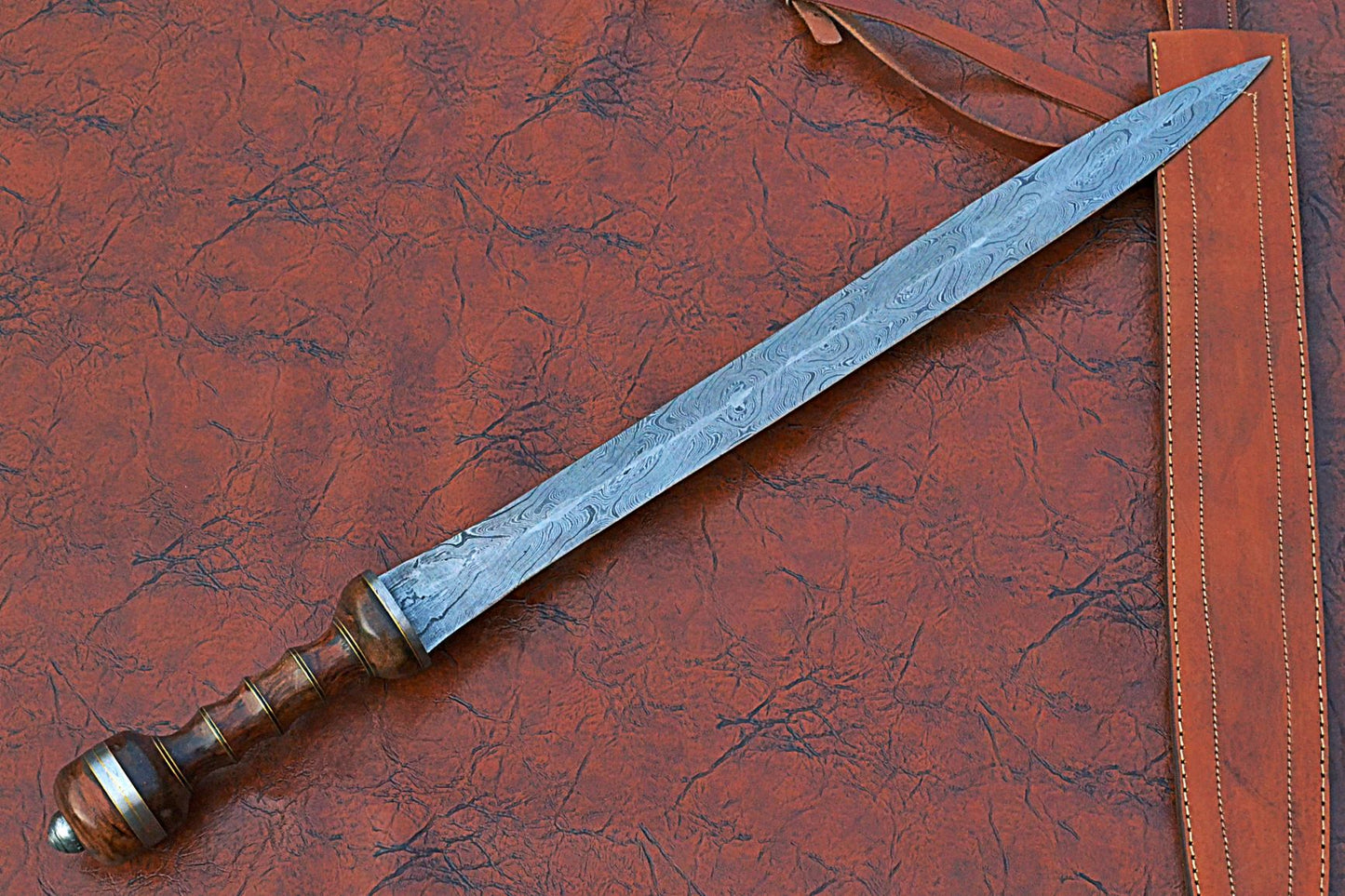 29 inches Long Maximus Gladuis Sword, 21" Long Hand Forged Damascus Steel Double Edge Blade, Hand Crafted Walnut Wood Grip with Brass Spacer, Leather Scabbard with Shoulder Stripe