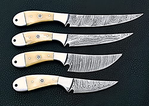 4 pieces meat slicing knife set, 40 inches long hand forged twist pattern Damascus steel blade, Natural Camel bone scale with steel bolsters, includes leather travel bag