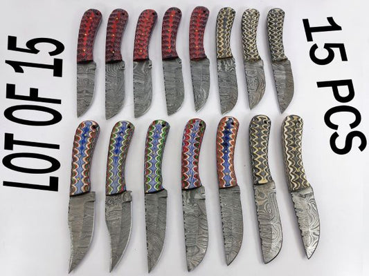 15 pieces Damascus steel Multi color jigged scale skinning knives set with Leather sheath. Over 110 inches long Damascus steel blade knives