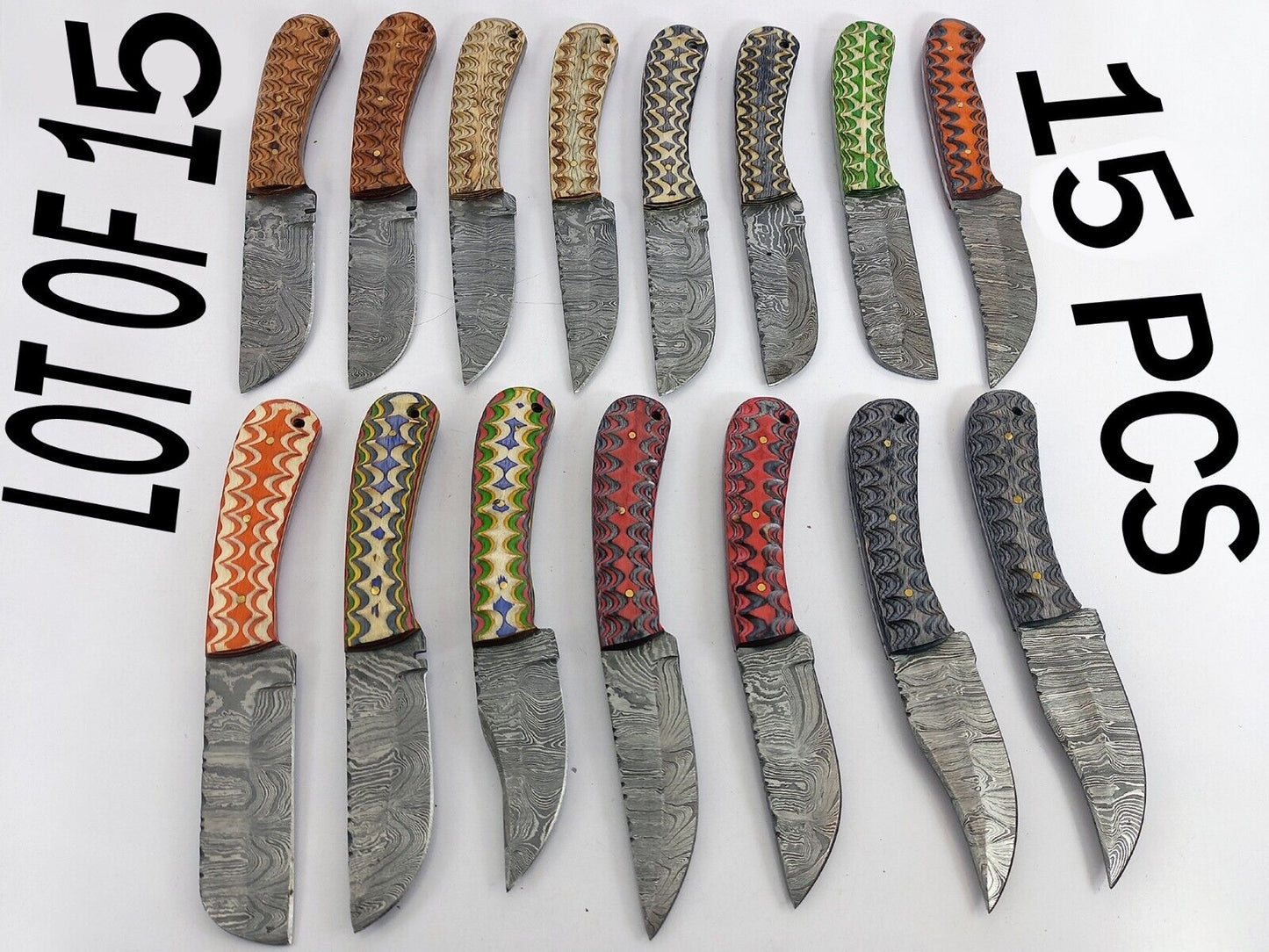 15 pieces Damascus steel fixed blade skinning knives lot with Leather sheath. Over 95 inches long Damascus steel knives in assorted colors