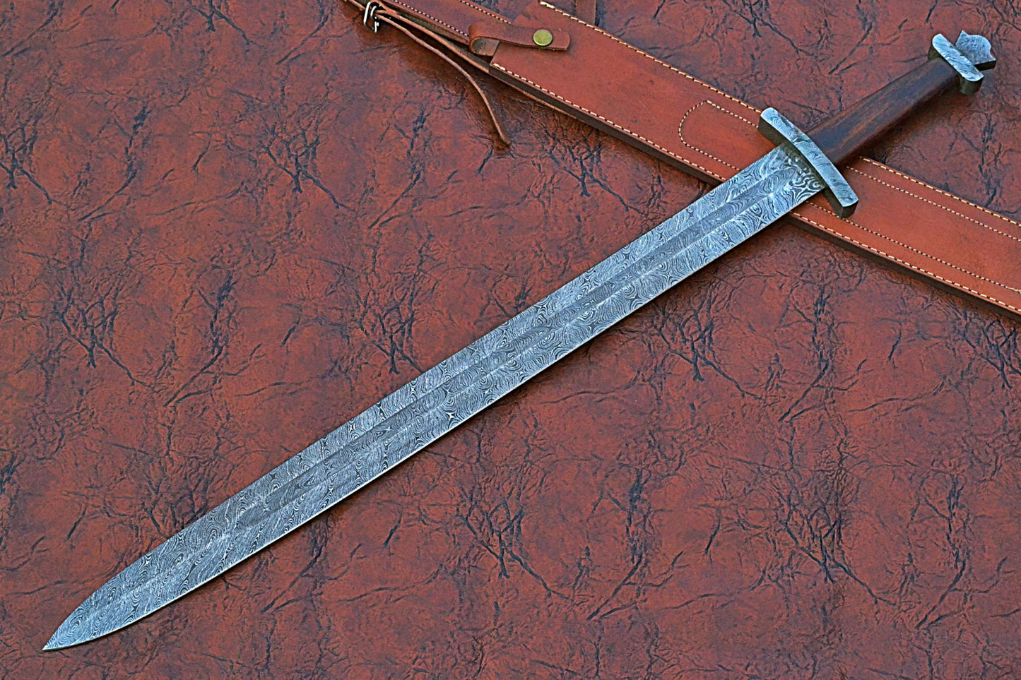 32 inches Long Jian Sword, 25" Long Hand Forged Damascus Steel Double Edge Blade, Solid Damascus Steel Cross hilt Forward and Crown Shape Pommel, Leather Scabbard with Shoulder Stripe