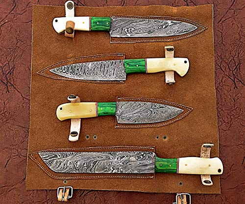 4 pieces chef knives set, Slicer, Chef, utility and bread knife, overall 45 inches long hand forged twist pattern Damascus steel blade, custom made leather sheath