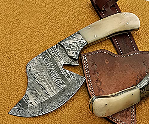10.5" Long Hand Forged Twist Pattern Full Tang Damascus Steel Chopper with 5" Cutting Edge, Natural Camel Bone Scale with Damascus Bolster, Cow Hide Leather Sheath Included